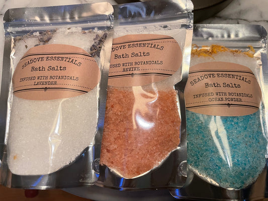 SeaDove Bath Salts Can add a soothing experience to your bath, those who love to soak after work or (PLAY)  SeaDove Bath Salts is just for you.  Glass 4oz containers add $5 to your purchase, for the 6oz and larger Size add $10 to your purchase.